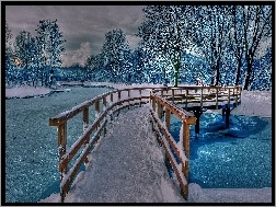 Śnieg, Mostek, Rzeka, Drzewa