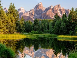 Odbicie, Stan Wyoming, Góry, Rzeka Snake River, Park Narodowy Grand Teton, Stany Zjednoczone, Las