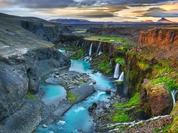 Wodospady, Rzeka Fjadra, Islandia, Skały, Góry, Kanion Sigoldugljufur