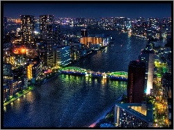 Rzeka, Noc, Miasto, Tokio, Most