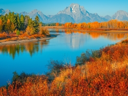 Rzeka, Drzewa, Góry, Snake River, Jesień, Stan Wyoming, Stany Zjednoczone, Teton Range, Park Narodowy Grand Teton, Trawa