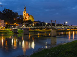 Most, Salzburg, Domy, Roślinność, Wieczór, Kościół, Austria, Rzeka Salzach