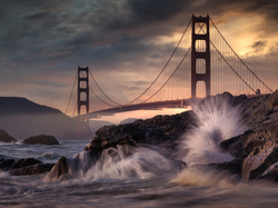 San Francisco, Golden Gate, Skały, Kalifornia, Stany Zjednoczone Most Golden Gate, Fale, Most, Cieśnina Golden Gate
