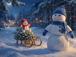 Zima, Las, Bałwanki, Sanki