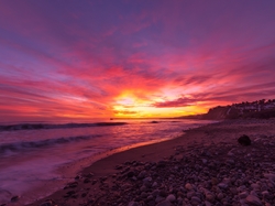 Santa Barbara, Plaża, El Capitan State Beach, Kamienie, Stan Kalifornia, Stany Zjednoczone, Molo, Morze, Zachód słońca