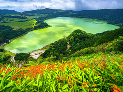 Azory, Zielone, Wzgórza, Kwiaty, Wyspa Sao Miguel, Portugalia, Roślinność, Góry, Jezioro Furnas