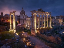 Światła, Rzym, Noc, Forum Romanum, Ruiny, Włochy, Świątynia Saturna