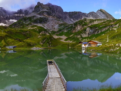 Zurser See, Góry, Austria, Pomost, Jezioro, Domy