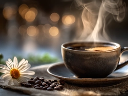 Grafika AI, Ziarna, Biały, Filiżanka, Kawa, Kwiat, Serweta