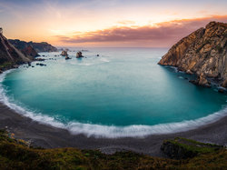 Playa del Silencio, Zachód słońca, Góry, Asturia, Hiszpania, Skały, Morze, Plaża