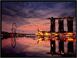 Singapur, Morze, Noc, Hotel, Światła