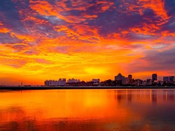 Miasto, Zachód słońca, Niebo, Cieśnina Johor, Kolorowe, Singapur
