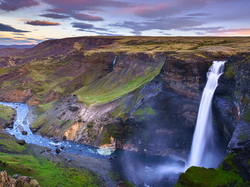 Islandia, Haifoss Falls, Góry, Rzeka Fossa, Wąwóz, Wodospad, Skały