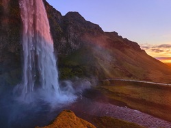 Zachód słońca, Góry, Skały, Islandia, Wodospad Seljalandsfoss