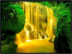 Skały, Wodospad, Złoty, Zielone