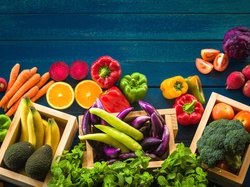 Warzywa, Marchew, Skrzynki, Pomarańcze, Banany, Drewniane, Deski, Pomidory, Papryka, Owoce, Brokuł