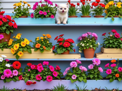 Półki, Kot, Doniczki, Skrzynki, Kwiaty, Niebieskie