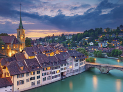 Chmury, Kościół, Rzeka Aare, Berno, Szwajcaria, Most, Domy, Zachód słońca