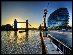 Słońca, Londyn, Tamiza, Tower Bridge, Zachód