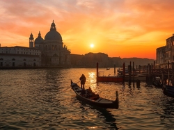 Zachód słońca, Wenecja, Bazylika, Gondola, Kanał, Włochy, Domy
