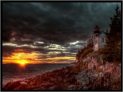 Morze, Bass Harbor, Maine, Chmury, Latarnia Morska, Zachód Słońca