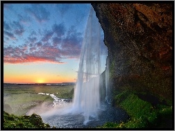 Słońca, Wodospad, Islandia, Zachód