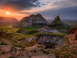 Dolina Zamków, Kazachstan, Skały, Airakty, Manggystau, Zachód słońca