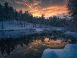 Jezioro, Gmina Ringerike, Zima, Las, Drzewa, Śnieg, Norwegia, Zachód słońca