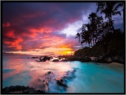 Chmury, Wyspa Maui, Palmy, Morze, Kurort Wailea, Hawaje, Zachód słońca