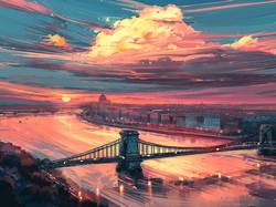 Budapeszt, Dunaj, Most, Węgry, Grafika, Chmury, Rzeka, Wschód słońca