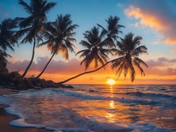 Zachód Słońca, Palmy, Morze, Grafika