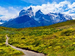 Patagonia, Torres del Paine, Chile, Masyw, Łąka, Park Narodowy Torres del Paine, Góry, Droga, Chmury, Zachód słońca