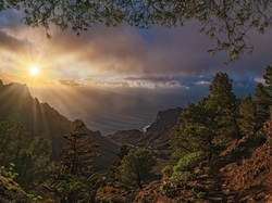 Morze, Góry, Wyspy Kanaryjskie, Wyspa La Gomera, Promienie słońca