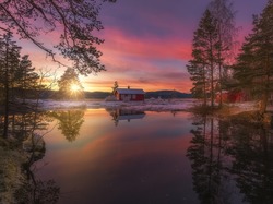 Zachód Słońca, Norwegia, Zima, Jezioro, Ringerike, Domki