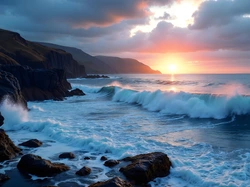 Klify, Morze, Zachód słońca, Skały, Fale, AI