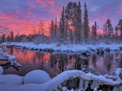 Drzewa, Rosja, Zima, Rzeka, Półwysep Kolski, Zachód słońca