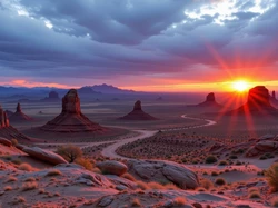 Monument Valley, Zachód słońca, AI, Arizona, Rośliny, Kręta, Stany Zjednoczone, Skały, Góry, Droga