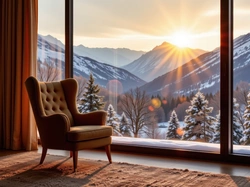 Grafika AI, Góry, Zima, Pokój, Fotel, Okno, Słońce