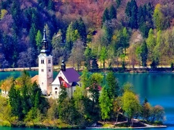 Słowenia, Jezioro, Las, Kościół, Bled