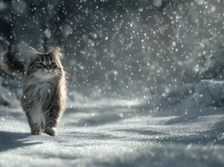Kot, Śnieg, Grafika AI, Zima