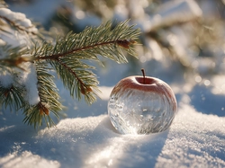 Zima, Szklane, Iglak, Śnieg, Jabłko, Grafika AI
