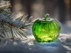 Sosna, Zielone, Jabłko, Śnieg, Szklane, Grafika AI