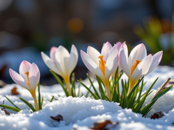 Krokusy, Biało-fioletowe, Śnieg