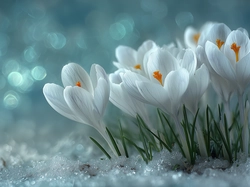 Bokeh, Białe, Kwiaty, Śnieg, Krokusy, Grafika AI