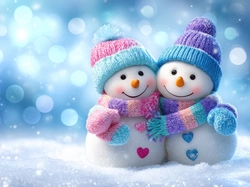 Grafika AI, Szaliki, Czapki, Dwa, Bałwanki, Kolorowe, Śnieg