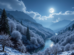 Księżyc, Las, Grafika AI, Góry, Drzewa, Śnieg, Zima, Oszronione, Rzeka, Noc