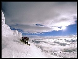 Śnieg, Stok, Snowboard, Chmury