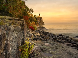 Stany Zjednoczone, Lake Superior, Jezioro, Latarnia, Split Rock Lighthouse, Skały, Minnesota
