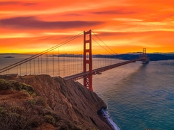 Stan Kalifornia, Zachód słońca, San Francisco, Most Golden Gate Bridge, Stany Zjednoczone, Cieśnina Golden Gate