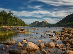 Bubble Mountains, Kamienie, Jezioro Jordan Pond, Stany Zjednoczone, Stan Maine, Park Narodowy Acadia, Góry